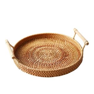 Handwoven Rattan Storage Tray With Wooden Handle Round Wicker Basket