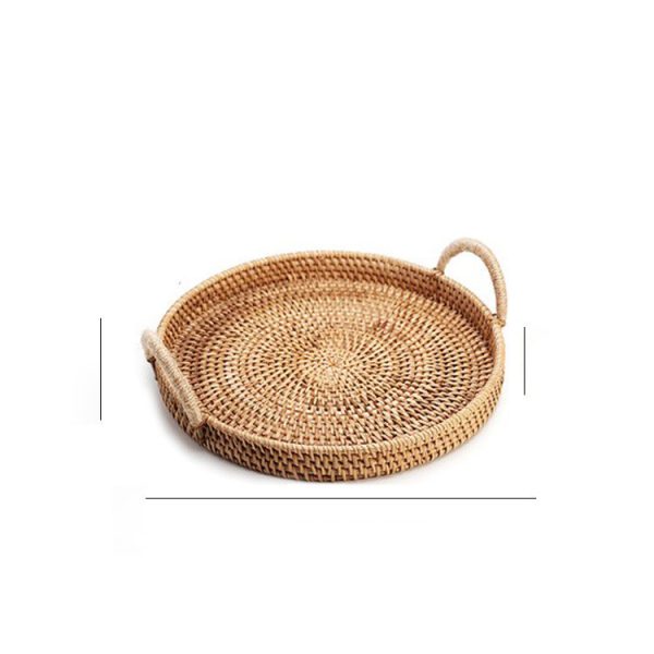 Handwoven Rattan Storage Tray With Wooden Handle Round Wicker Basket - Image 4