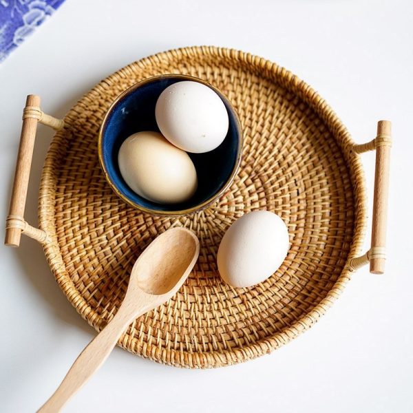 Handwoven Rattan Storage Tray With Wooden Handle Round Wicker Basket - Image 6