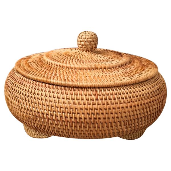 Round Rattan Boxes with Lid Hand-Woven Multi-Purpose Wicker Tray 11 Inch Picnic Food Bread Table Storage Basket - Image 2