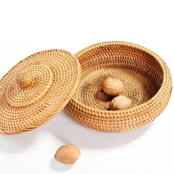 Round Rattan Boxes with Lid Hand-Woven Multi-Purpose Wicker Tray 11 Inch Picnic Food Bread Table Storage Basket - Image 3